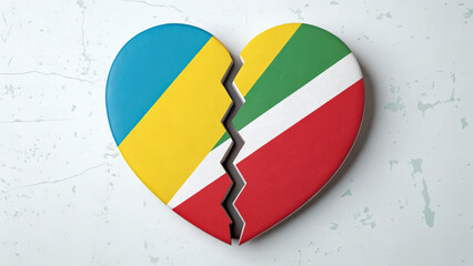 broken heart symbol with flags of Ukraine and Italy, representing conflict or separation. heart is split in two, with vibrant colors on textured background