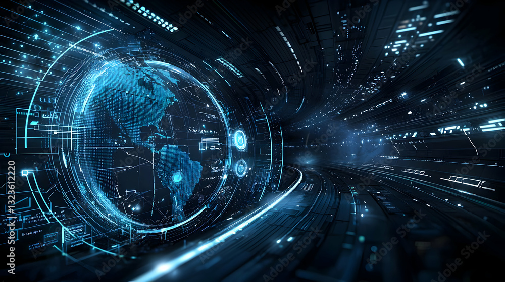 Poster digital world and data network with blue glowing elements