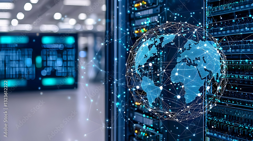 Poster digital globe displayed on server rack in modern data center with blue lighting