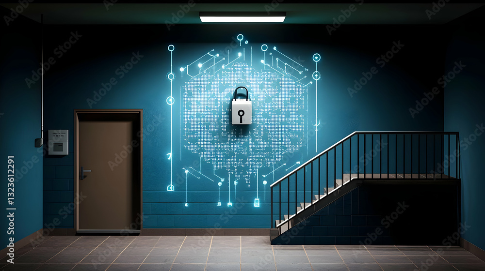 Poster digital security concept with illuminated circuit board and lock on dark blue wall inside building e