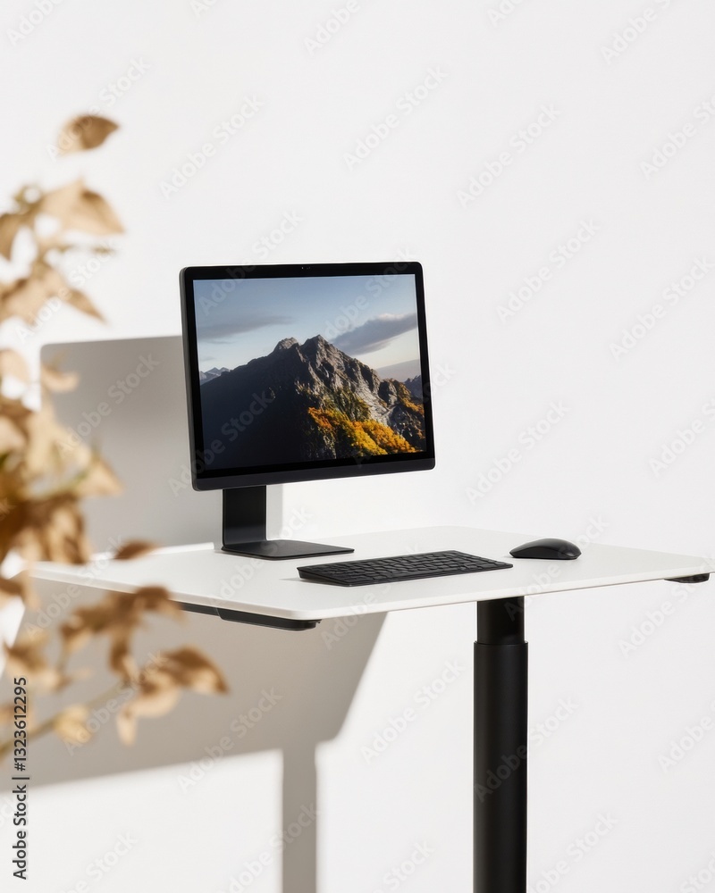 Poster Minimalist Smart Workspace Ergonomic Height-Adjustable Desk with Mountain Landscape Display - Modern Remote Work Wellness and Productivity Solution