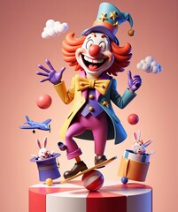 Colorful clown with red hair wearing star-adorned hat, smiling widely while standing on skateboard ball. Surrounded by rabbits in magic hats, plane, balls for April Fools' Day， carnival festive scenes
