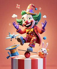 Colorful clown with green hair in star - decorated hat, standing on skateboard and ball, smiling. Surrounded by toy plane, magic hat, rabbit, stars for April Fools' Day & carnival.