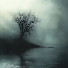 Fototapeta premium Solitary Tree by Still Water A Moody Landscape Illustration.