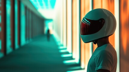 Fototapeta premium Futuristic Helmet Neon Corridor Person Cyberpunk Style