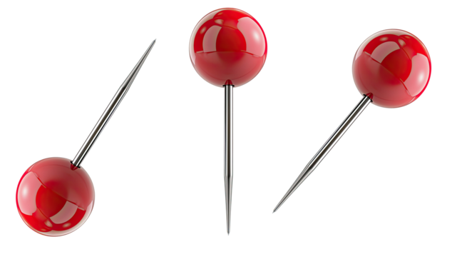 Three red push pins with sharp metal points isolated on a transparent background. The glossy spherical heads reflect light, creating a modern and minimalist office or planning concept