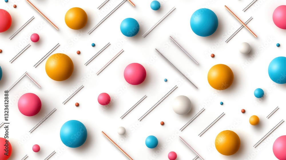 Poster abstract background with colorful spheres and lines on white.
