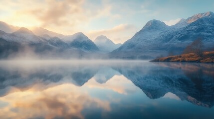 Fototapeta premium Misty Sunrise Lake, Mountain Reflection, Calm