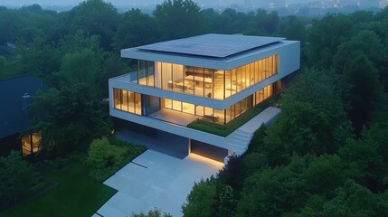 Sustainable living, a serene house with solar roof nestled in picturesque forest