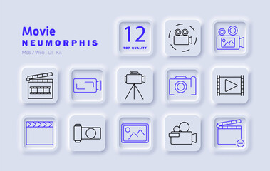 Fototapeta premium Movie set icon. Clapperboard, camcorder, film camera, tripod, photography, video player, recording, cinema reel, streaming, multimedia, filmmaking, production, entertainment, cinematography