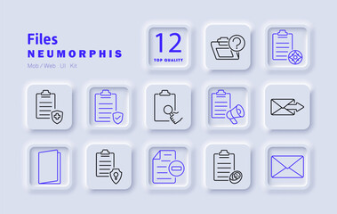 Files set icon. Document security, checklist, file search, clipboard approval, data analysis, email, archive, official record, report verification, file transfer, business communication
