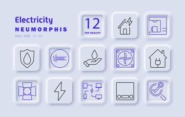 Electricity set icon. Power safety, ventilation, wind energy, home automation, electric circuit, data network, voltage, air system, energy flow, renewable power, electrical maintenance