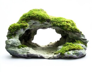Green Mossy Rock Formation with Central Opening on White Background