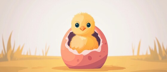 Fototapeta premium A cute chick emerging from a pink eggshell in a serene environment.