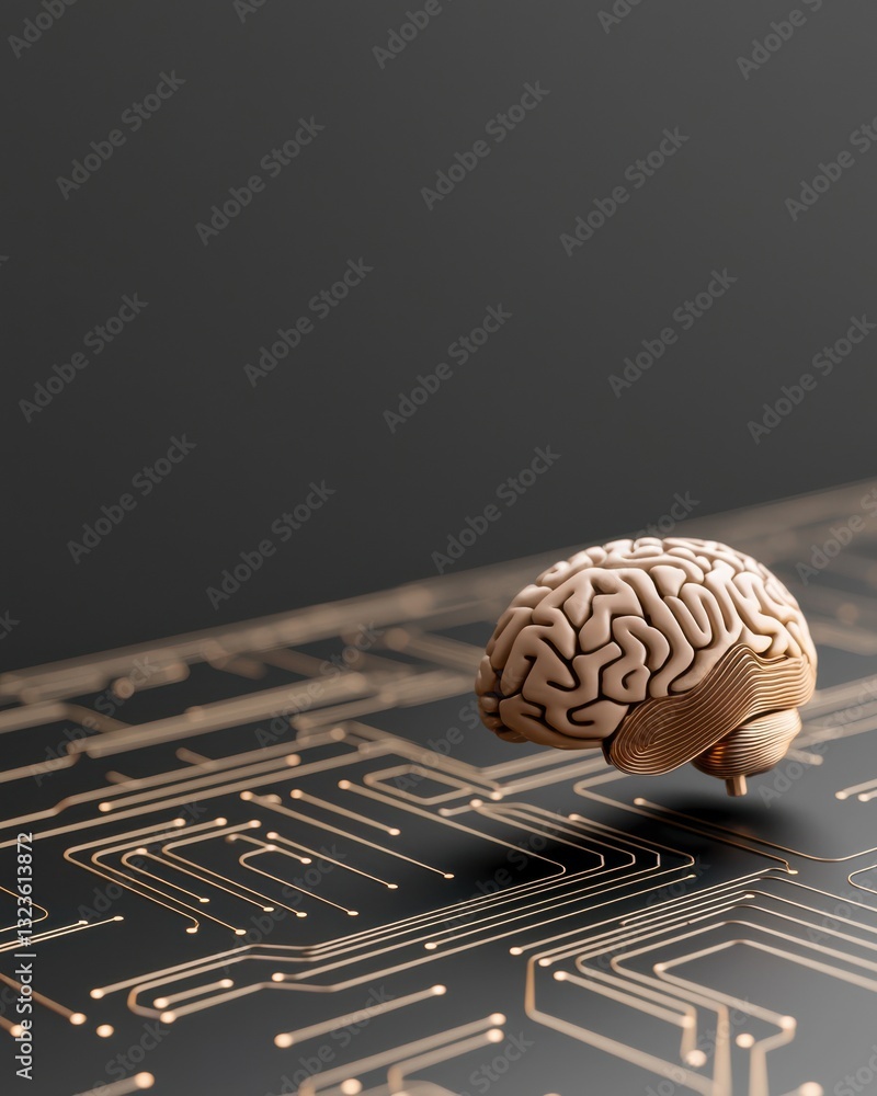 Poster artistic representation of human brain on circuit board background with abstract technology elements