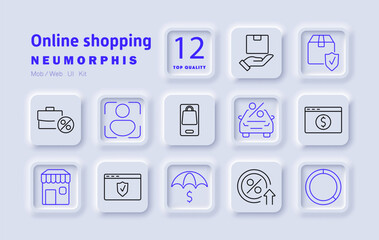 Online shopping set icon. Product delivery, secure payment, e-commerce security, shopping app, car purchase, marketplace, discount percentage, financial protection, online store, retail transactions