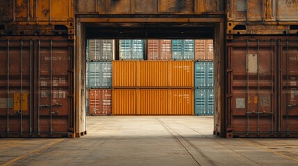 Cargo containers stacked in a yard show variety of hues and textures with doorway view.
