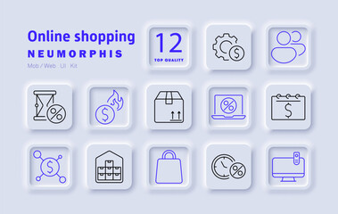 Online shopping set icon. Discount timer, financial management, package delivery, online transactions, e-commerce warehouse, product tracking, smart purchasing, economic trends