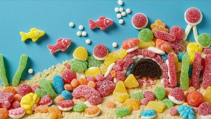 Underwater candy world with gummy fish