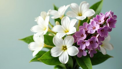 Fresh bouquet of white flowers and lilac with some greenery, decoration, seasonal