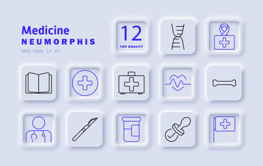Medicine set icon. Medical book, DNA, ribbon awareness, first aid kit, heartbeat, skeleton bone, doctor, scalpel, prescription bottle, pacifier, health flag