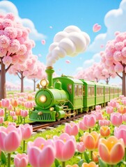 Cute green steam train running through blooming pink cherry blossoms and tulips under blue sky. Suitable for children’s books, spring themes, fantasy designs, and joyful greeting card scenes.