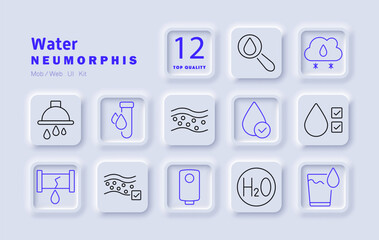 Water set icon. Water quality test, filtration, raindrop, plumbing, leak detection, drinking water, purification, H2O, weather impact, hydration, conservation