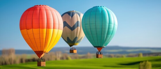 Obraz premium Colorful hot air balloons soaring over a green landscape under a clear sky.