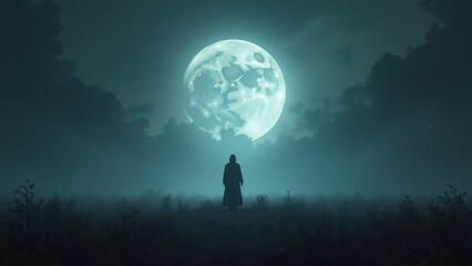 Solitary Figure Underneath a Mystical Moonlit Night Sky