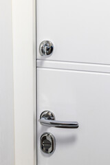 White door with metal handle and locks as a part of interior design. Concept