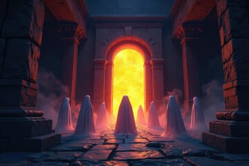 Ghostly apparitions gathered around a glowing portal in a haunted temple, mysterious, ancient, otherworldly