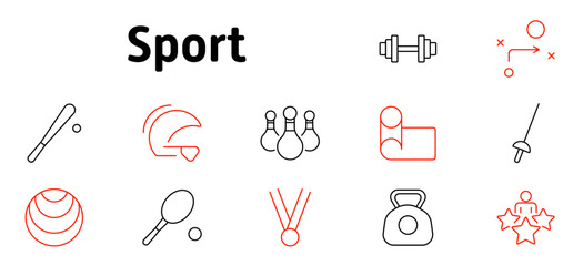 Sport set icon. Baseball, fencing, bowling, weightlifting, strategy, tennis, kettlebell, yoga mat, training, teamwork, championship medal, sports planning