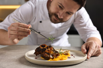 Professional chef serving dish at table indoors, selective focus