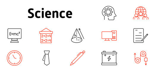 Science set icon. Mathematics, physics, engineering, research, global knowledge, data analysis, writing, experiment, computation, innovation, technology, education