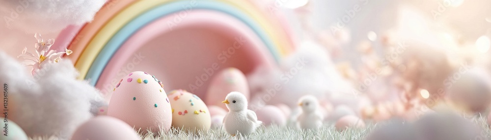 Poster a soft pastel rainbow adorns the top of the scene while fluffy clouds border the image. below, festi