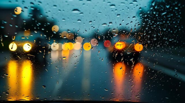 Rainy evening drive with blurred lights and droplets on the windshield in an urban setting