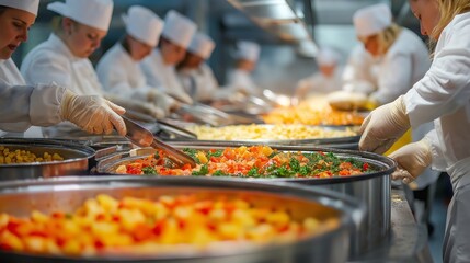 Fototapeta premium In a lively food processing plant, dedicated workers meticulously chop and mix colorful vegetables, blending their skills to create high-quality prepared dishes. Teamwork shines brightly