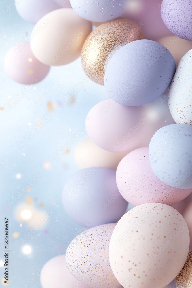 Poster a surreal arrangement of floating easter eggs in pastel colors forms a celestial border against a mi