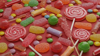 Colorful candy assortment on red background