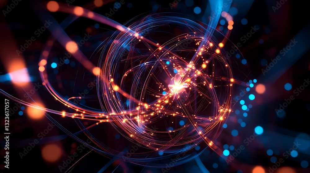 Aufkleber abstract glowing spheres of light with data streams and neon colors in dark background.