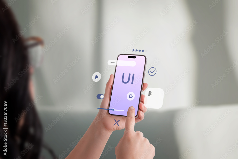 Poster young woman interacting with smartphone, floating ui elements, user experience and mobile app develo