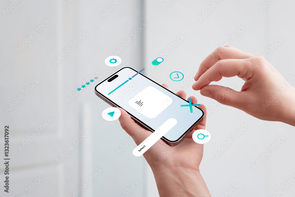 Poster Hand holding smartphone, assembling UI elements on screen, concept of mobile app interface design and user experience