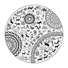 Vector round ethnic element, circular petroglyph pattern, rock paintings and geometric pattern, naive art, vector design
