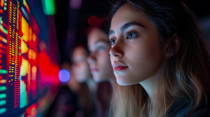 Digital Dreams: Young woman immersed in glow of electronic data screen, contemplating future trends, suitable for tech website header