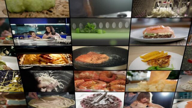Compilation of different food preparation techniques at home: Home chefs cooking, cutting, mixing, and seasoning dishes in a cozy and stylish kitchen. High quality 4k footage