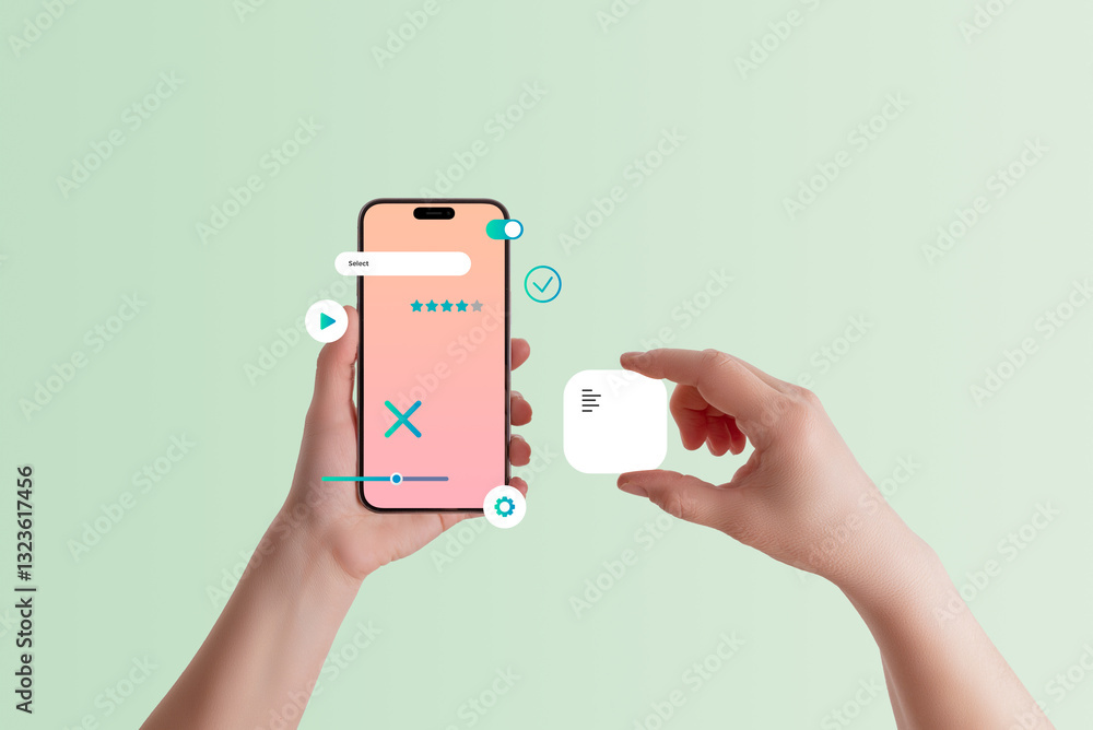 Poster Front view of smartphone in hand, adding text box element to mobile application, concept of UI design, app development, and user experience customization