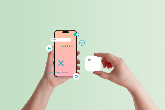 Front view of smartphone in hand, adding text box element to mobile application, concept of UI design, app development, and user experience customization