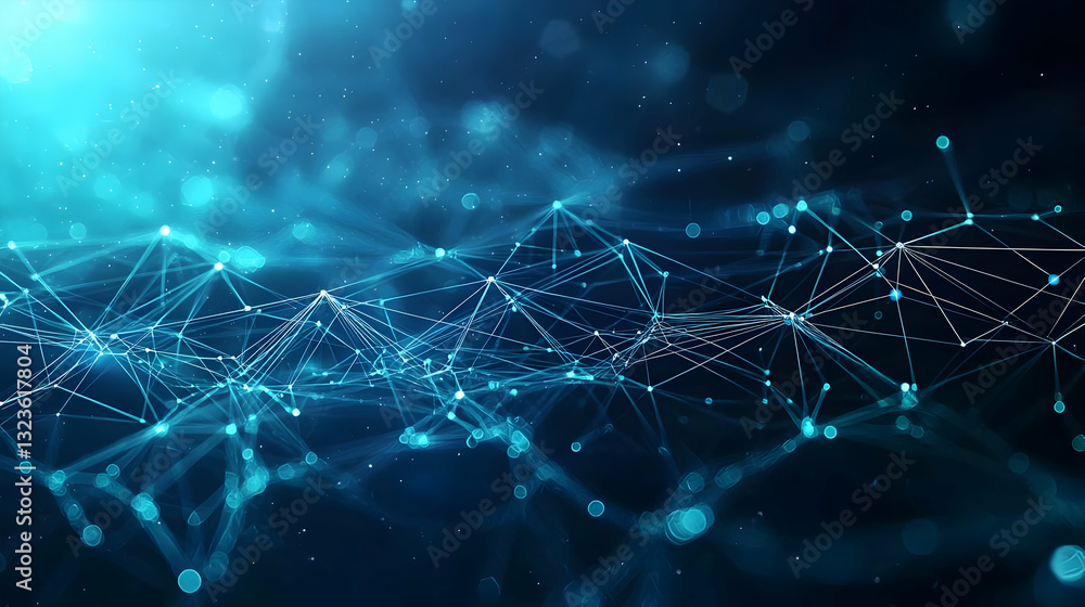 Poster abstract digital network connection in blue hues with bright light effects and geometric structure