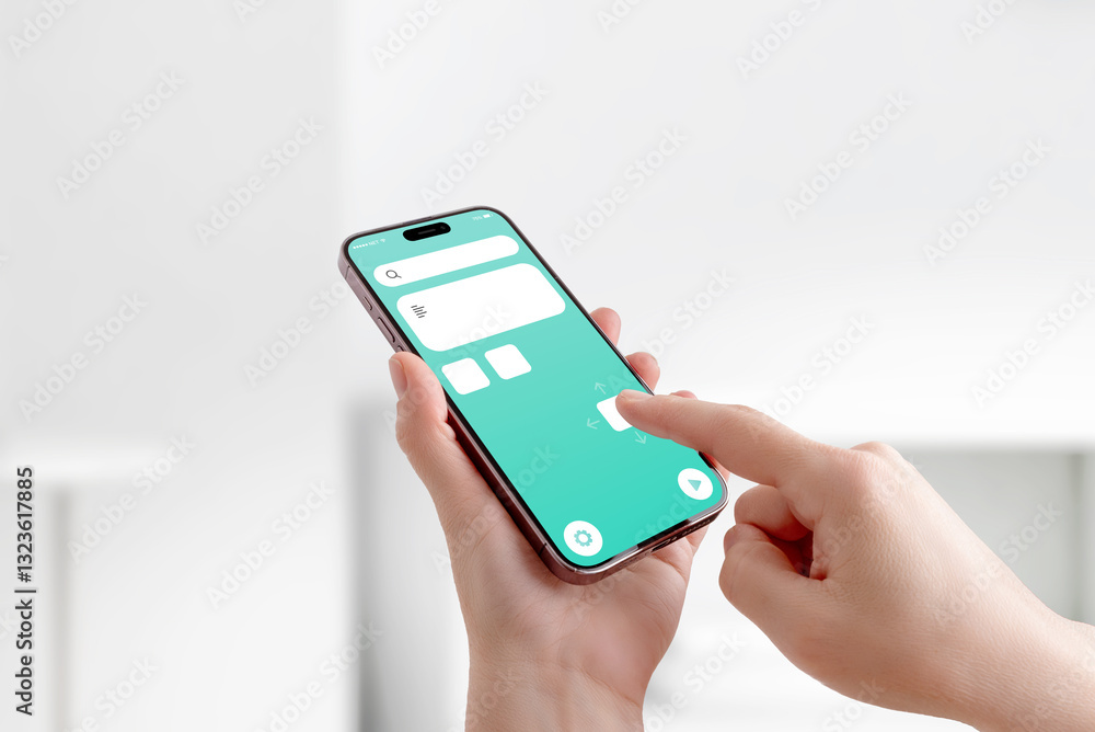 Poster Finger dragging icons and UI elements on smartphone screen, concept of mobile app customization and interface development