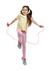 Obraz premium Cute little girl with jump rope on white background